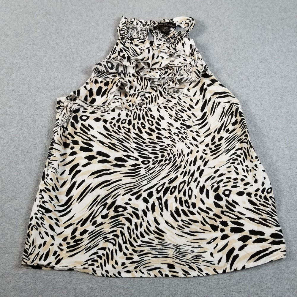 Marisa Christina Halter Top Womens XL Tan Black Animal Print Linen Blend Ruffle